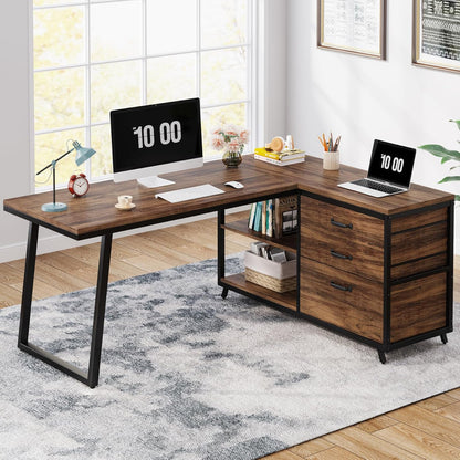 L-Shaped Computer Desk with 3 Drawers, Reversible Corner Home Office Desk with Shelves, 53-Inch Industrial PC Desk Study Writing Table Workstation for Small Space, Rustic Brown