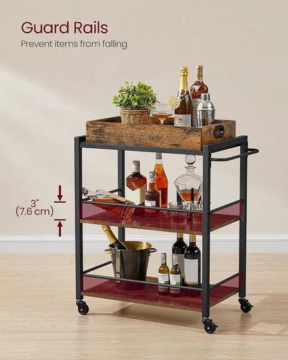 Kitchen Serving Cart with Removable Tray, 3-Tier Kitchen Utility Cart on Wheels with Storage, with Brakes, Leveling Feet, 15.7 X 28.3 X 33.9 Inches, Rustic Brown and Black ULRC72X
