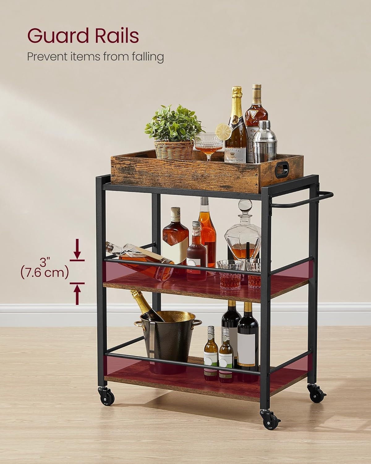 Kitchen Serving Cart with Removable Tray, 3-Tier Kitchen Utility Cart on Wheels with Storage, with Brakes, Leveling Feet, 15.7 X 28.3 X 33.9 Inches, Rustic Brown and Black ULRC72X