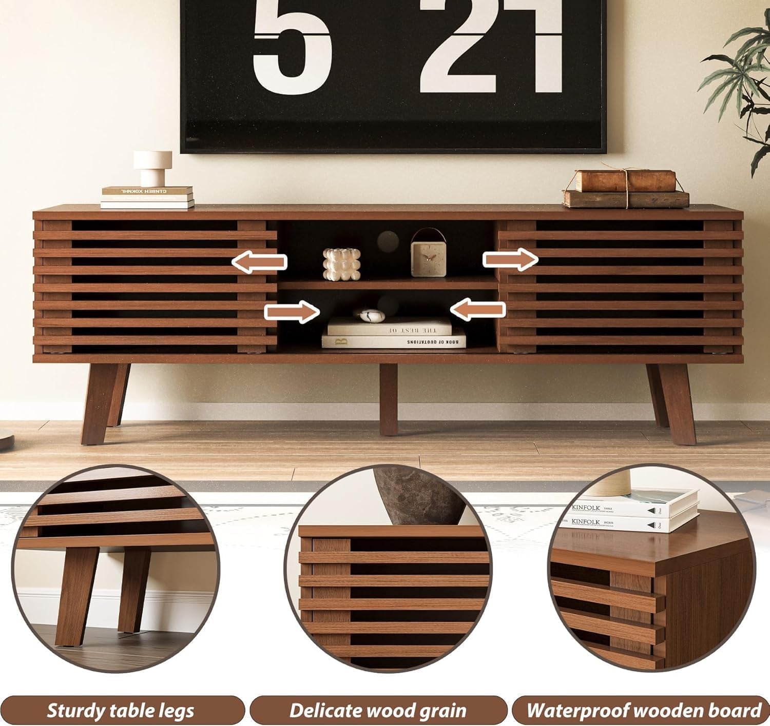 Living Room Table Sets of 2, Mid Century Coffee Table & Dresser TV Stand, Sliding Door Coffee Table with Storage, Modern TV Stand for Bedroom, Living Room, Walnut