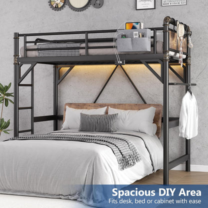 Twin Size Loft Bed with LED Lights and Charging Station, Industrial Heavy Duty Metal Loft Bed Frame with Ladder and Guardrail for Kids Adults, Small Space Saving Design for Bedroom Dorm, Black