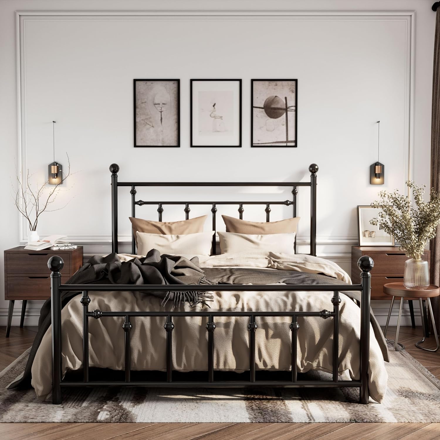 14'' Queen Size Metal Platform Bed Frame/Victorian Headboard and Footboard/Steel Slats Mattress Foundation for Storage/No Box Spring Needed/Noise Free/Black
