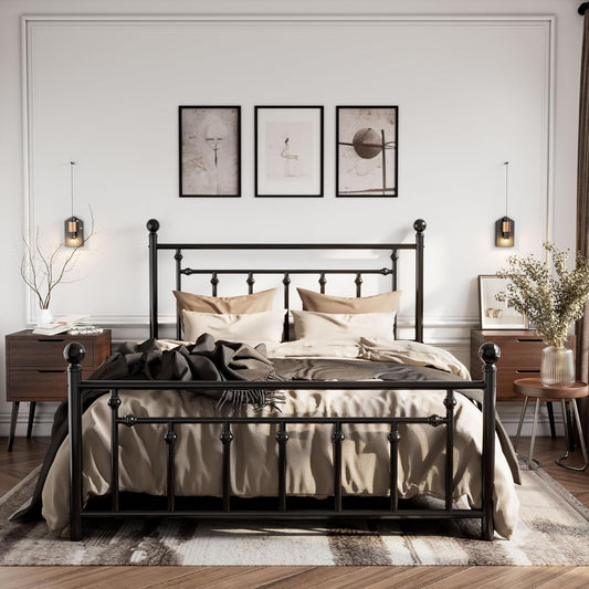 14'' Queen Size Metal Platform Bed Frame/Victorian Headboard and Footboard/Steel Slats Mattress Foundation for Storage/No Box Spring Needed/Noise Free/Black