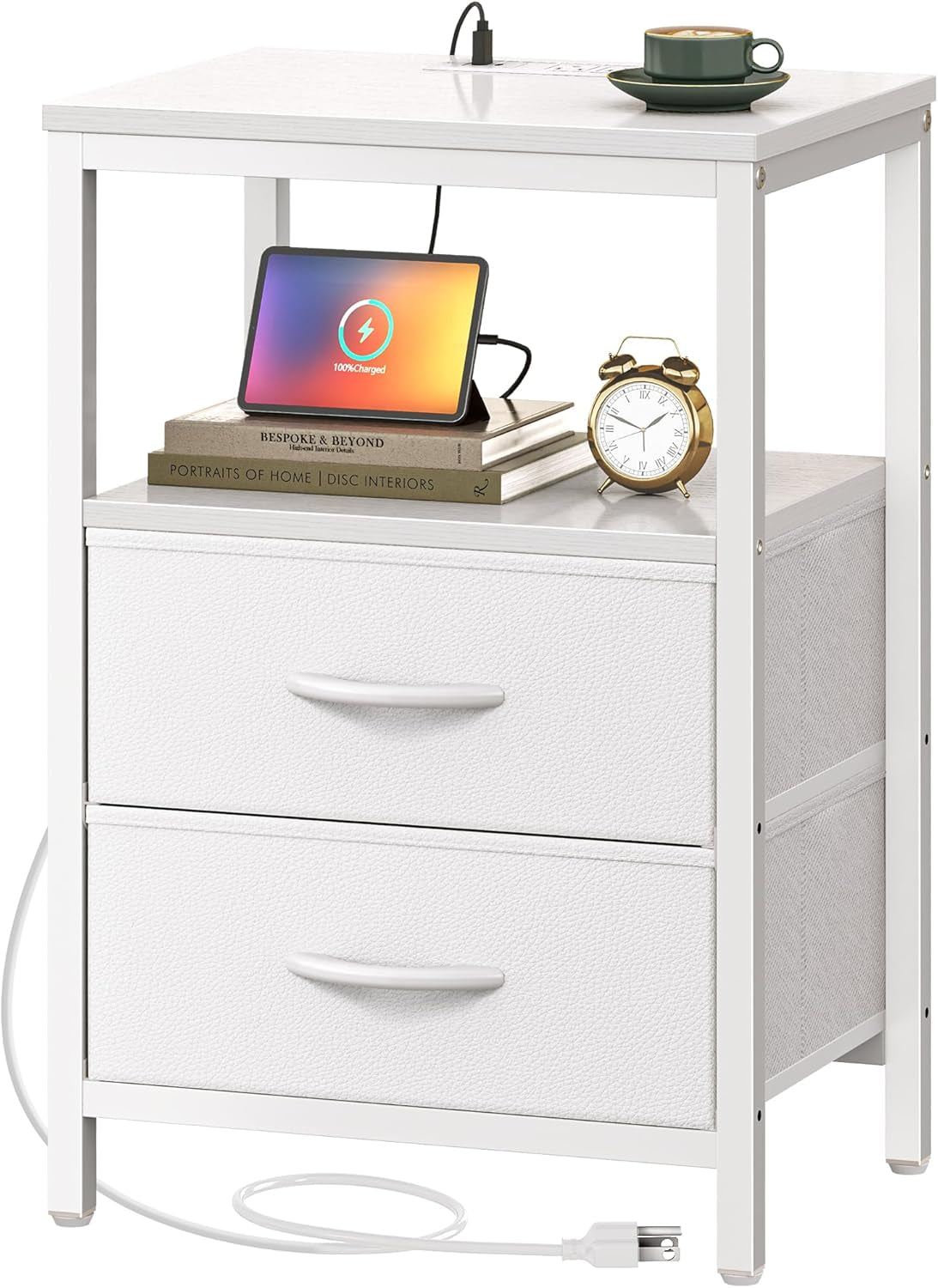 Nightstand with Charging Station, Side Table with 2 Fabric Drawers, End Table with Open Shelf, Bedside Table with USB-C Port and Outlets, Night Stand, PU Leather, White