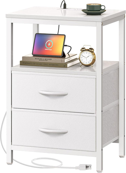 Nightstand with Charging Station, Side Table with 2 Fabric Drawers, End Table with Open Shelf, Bedside Table with USB-C Port and Outlets, Night Stand, PU Leather, White