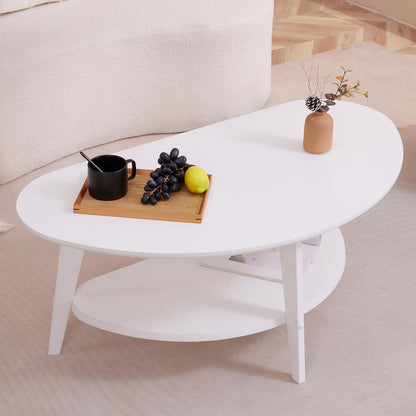Mid-Century Modern Coffee Table for Living Room, 100% Solid Wood Oval Coffee Table, 2 Tier Wooden Coffee Tables for Home Office Livingroom, 40.2 X 22 Inches Easy Assemble (White)