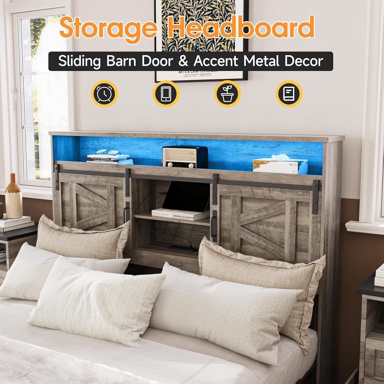 Farmhouse Queen Size Bed Frame with 4 Drawers and Bookcase Headboard, Sliding Barn Door Storage Shelves, LED Lights and Charging Station, No Box Spring Needed, Grey