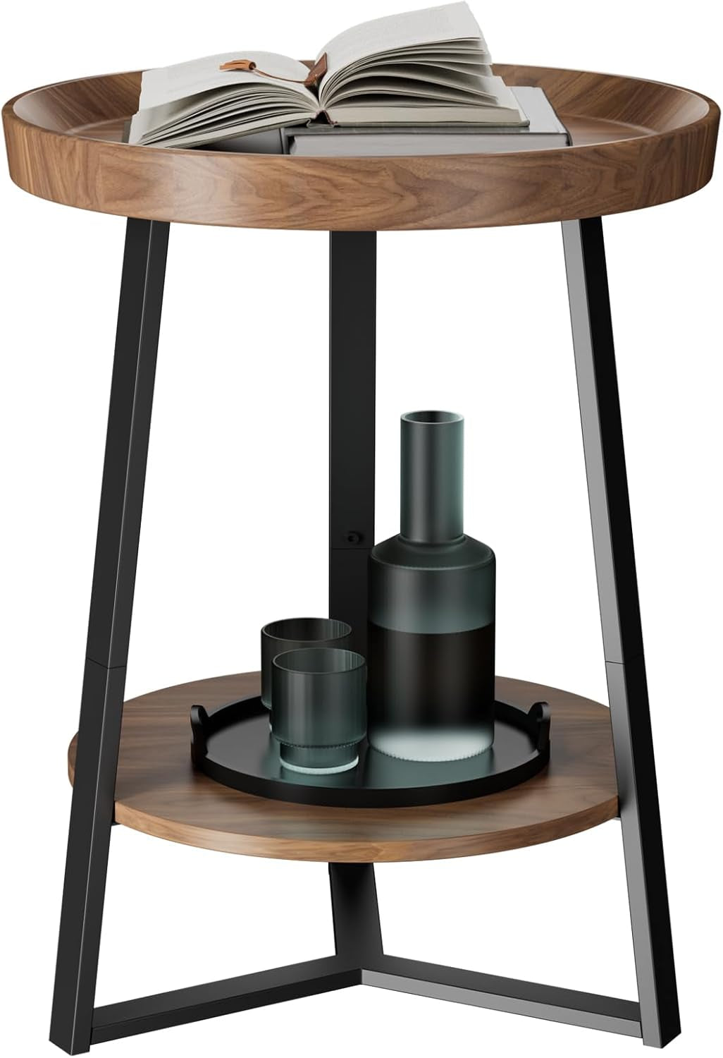 round End Table with Storage Shelf, 2 Tier Farmhouse Side Table Nightstand for Living Room, Bedroom, Wood Tabletop & Black Metal Frame, Brown 15.7 * 15.7 * 23.0Inches