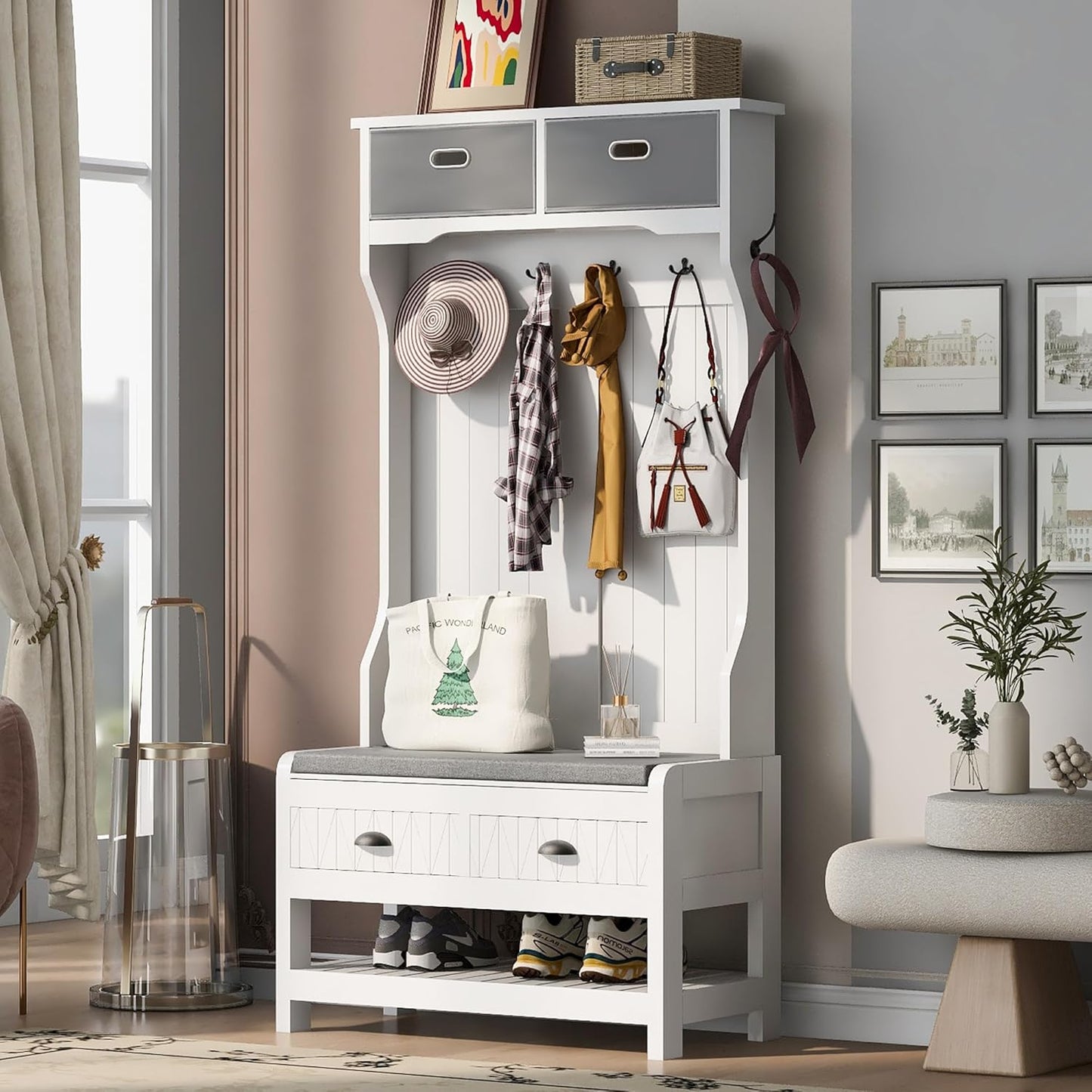 Wood Hall Tree with Shoe Storage Bench for Entryway, 4-In-1 Coat Rack with 6 Hooks, Cabinets and Shelves for Entrance, Hallway White