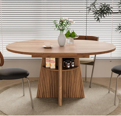 43.3In-59In Extendable Dining Room Table for 4-8, round Expandable Kitchen Table with Fluted Base, Modern Oval Dinner Tables with 4 Storage Shelves for Kitchen Living Room (Black, 43.3In)