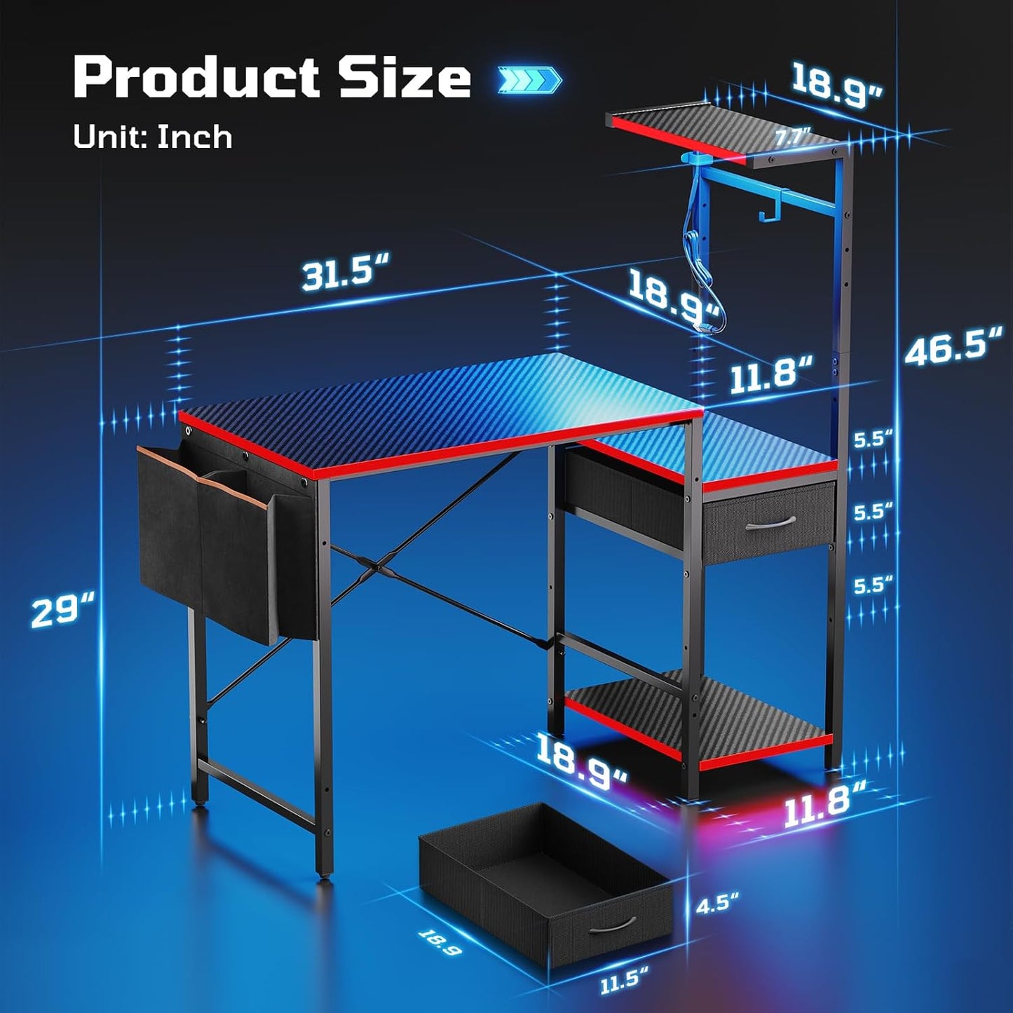 Gaming Desk with Drawer, 44 Inch Small Computer Desk with PC Shelf, Gaming Table with LED Lights for Small Spaces, Reversible Gamer Desk with Storage Bag & Side Hook, Black-Red