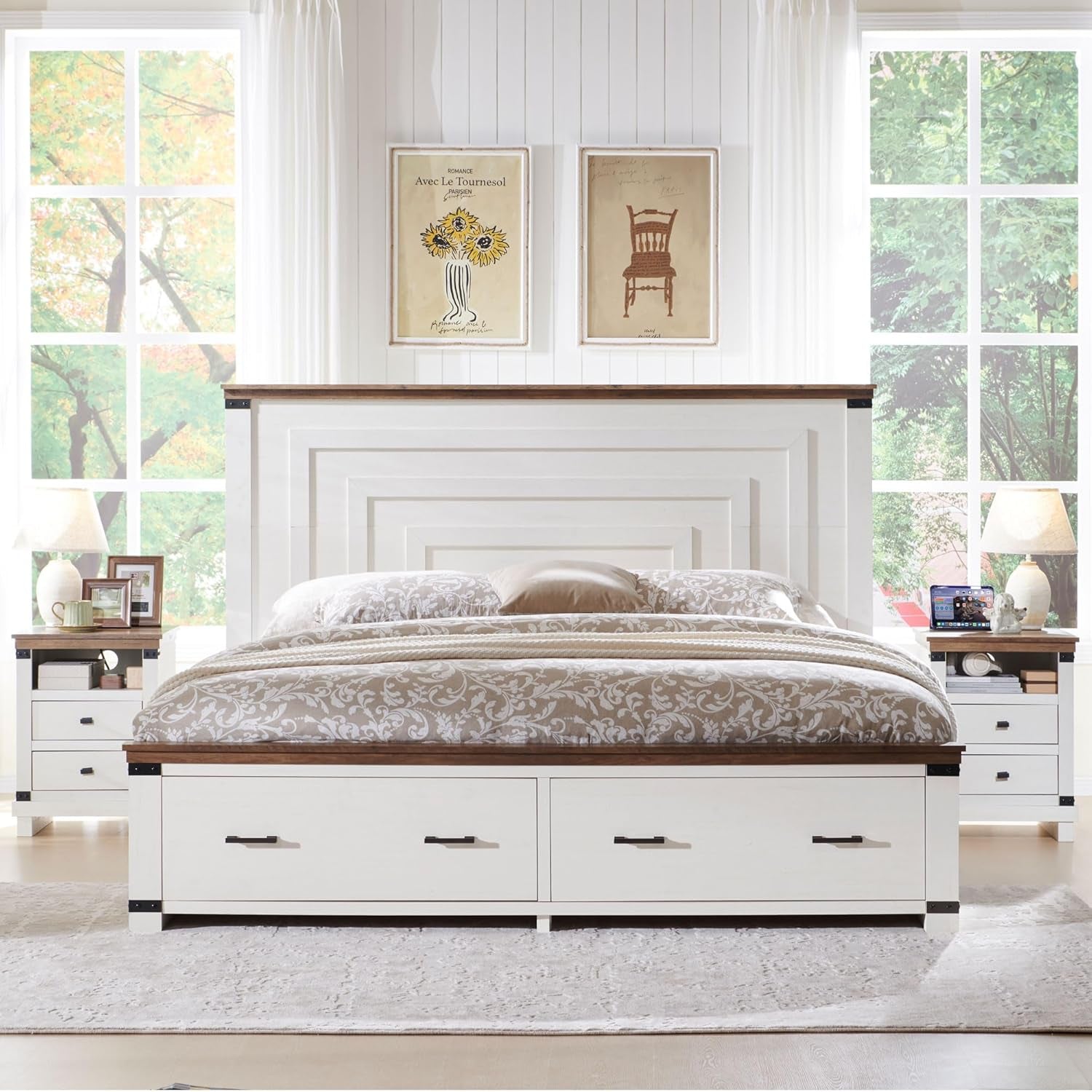 Farmhouse Queen Size Bed Frame with 54" Tall Geometric Headboard & 2 Large Storage Drawers, Rustic Wood Platform Bed with Wood Slats Support, No Box Spring Needed, Antique White