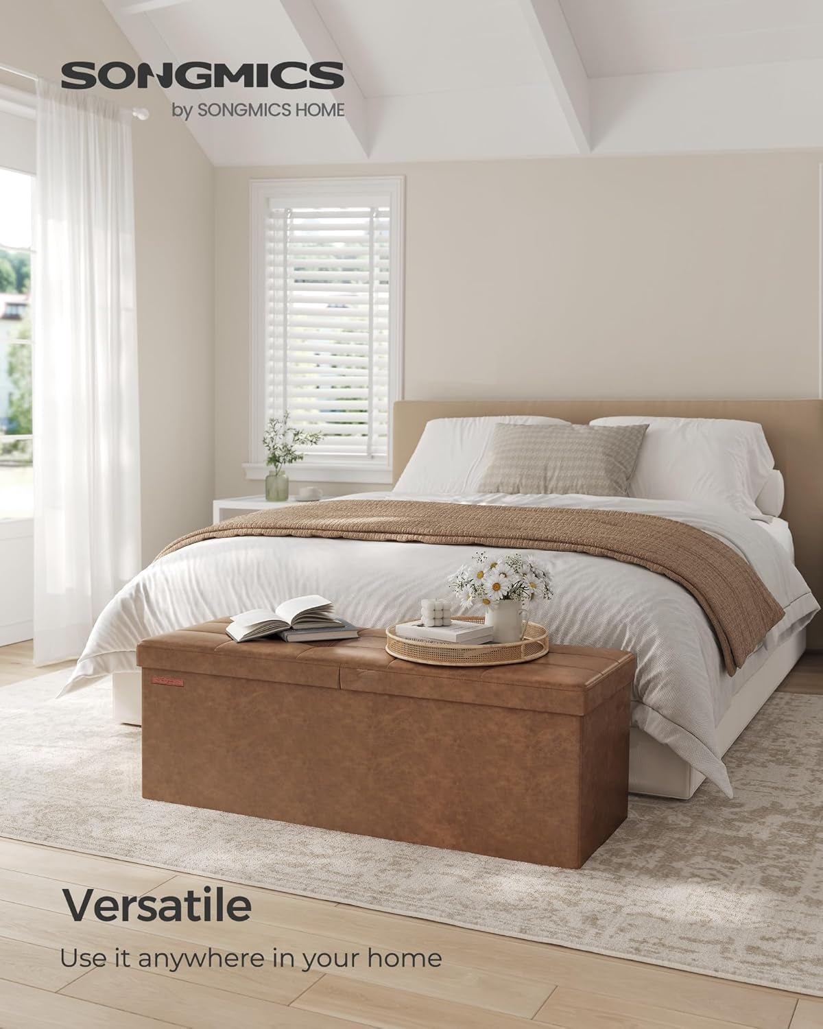 MAZIE Collection - 43 Inches Storage Ottoman Bench with Flipping Lid, Storage Chest with Iron Frame Support, Load 660 Lb, for Living Room, Bedroom, Synthetic Leather, Coffee Brown ULSF075K01