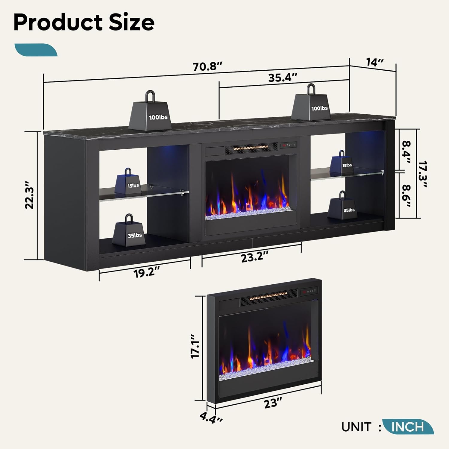 70 Inch Fireplace TV Stand for TV up to 75", LED Entertainment Center with 23" Electric Fireplace Media Console Table for Living Room with Glass Shelves, Black Marble