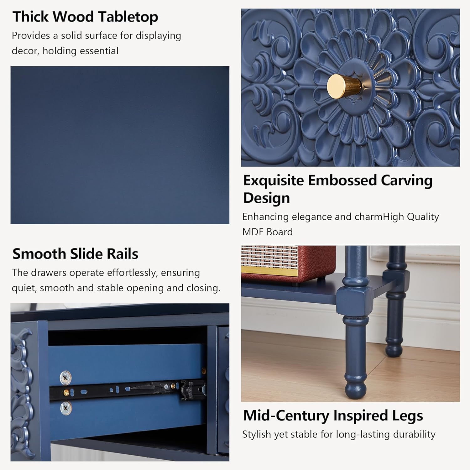 55.5" Carved Console Table with 3 Drawers, 2-Tier Sofa Table with Glossy Floral Surface and Solid Wood Legs, Mid-Century Modern Entryway Table for Living Room Hallway (Midnight Blue)