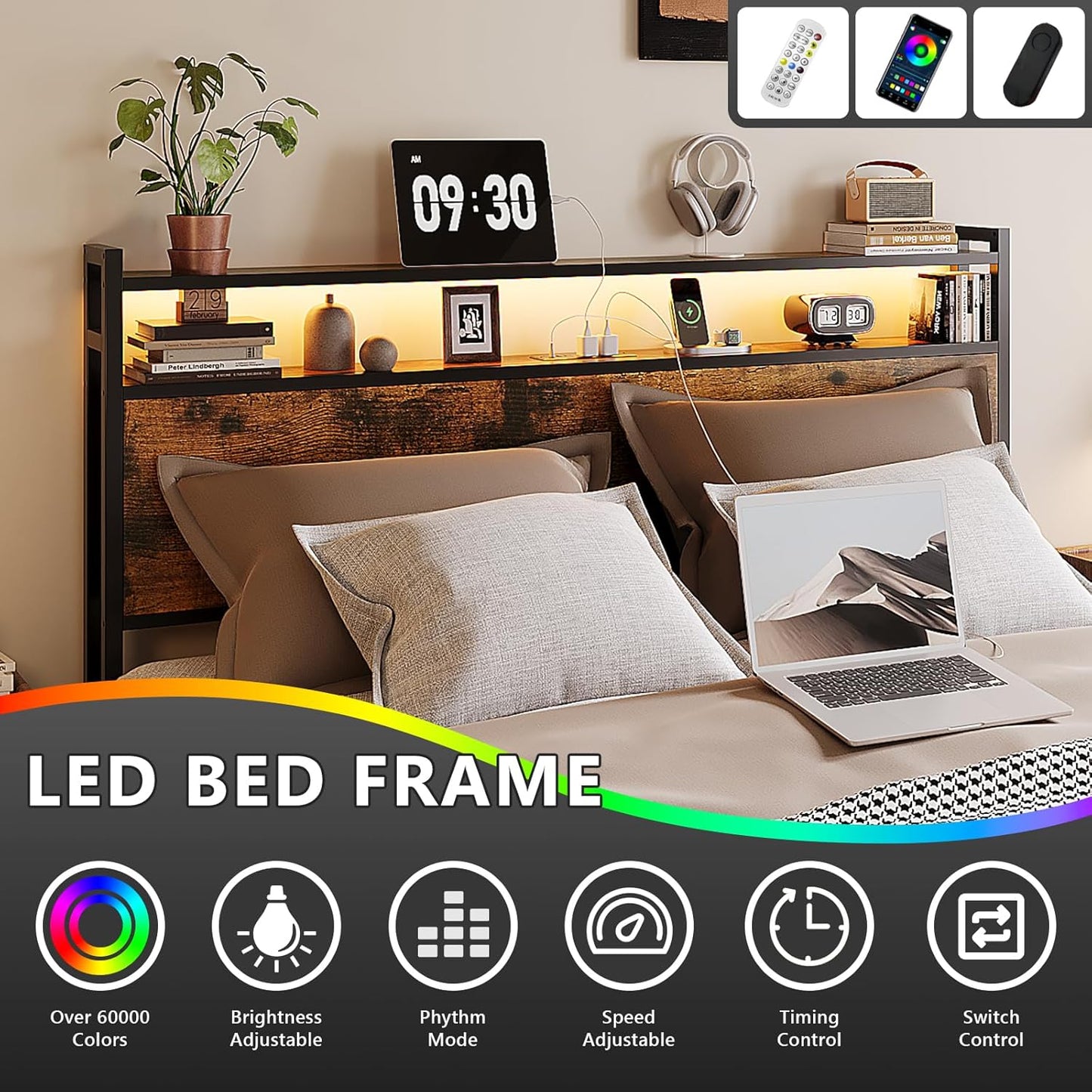 Queen Bed Frame with 4 Storage Drawers and Headboard, Metal Platform Panel Bed with Charging Station and RGB LED Lights, No Box Spring Needed, Noise Free, Easy Assembly, Vintage Brown