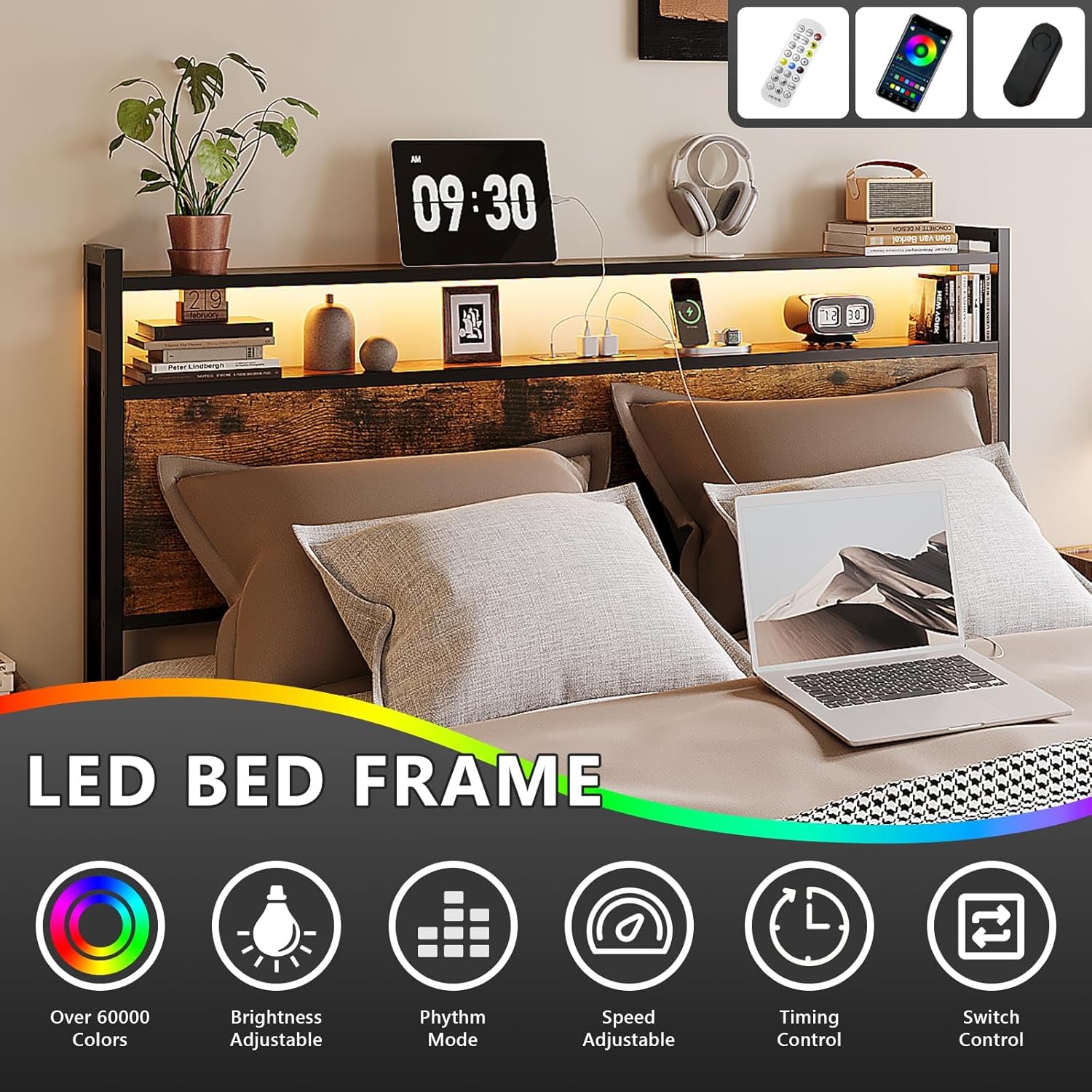 Queen Bed Frame with 4 Storage Drawers and Headboard, Metal Platform Panel Bed with Charging Station and RGB LED Lights, No Box Spring Needed, Noise Free, Easy Assembly, Vintage Brown