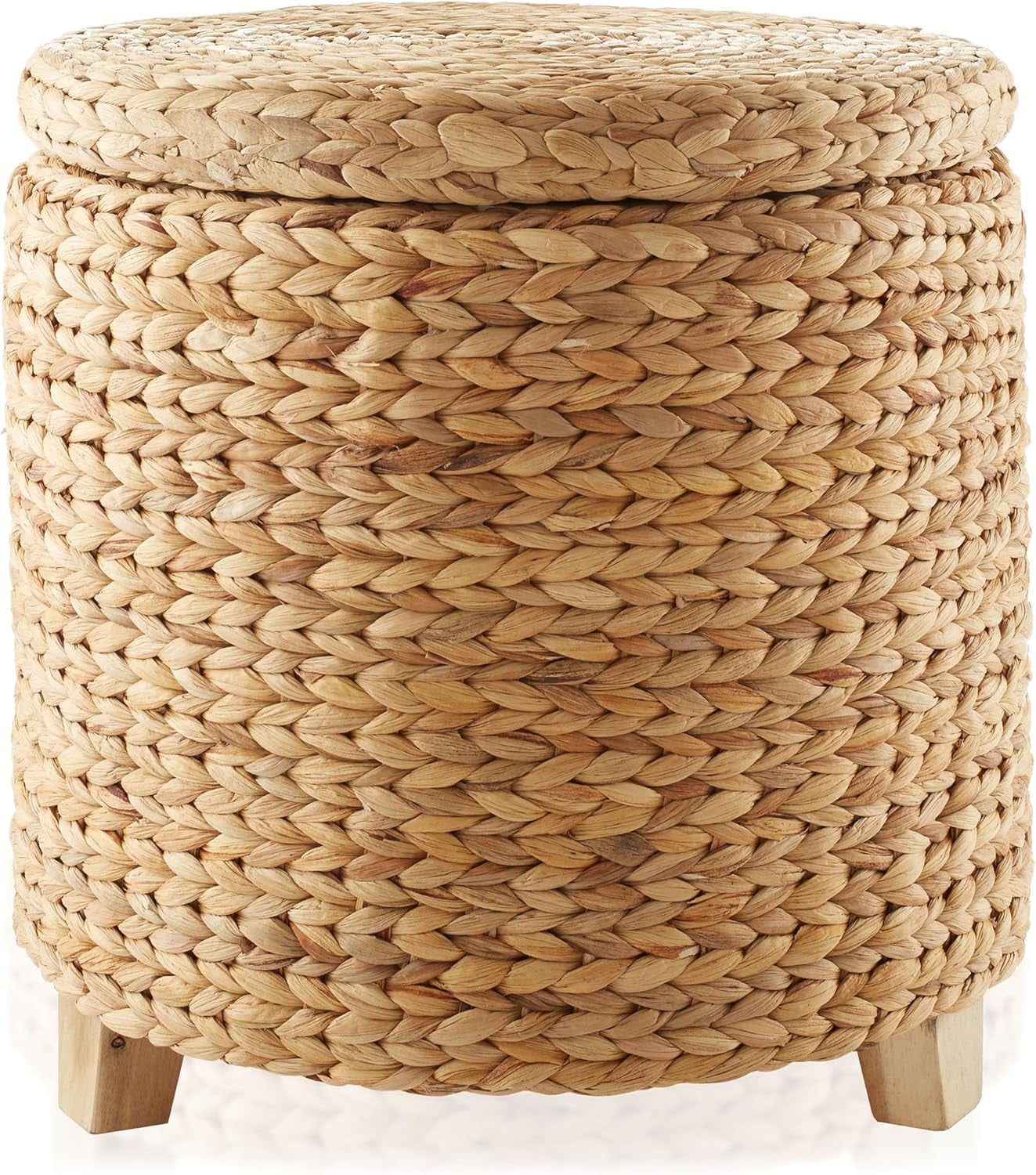 17" round Storage Ottoman with Lid - Natural, Handwoven Water Hyacinth Footstool for Living Room, Bedroom, Bathroom, Home Office