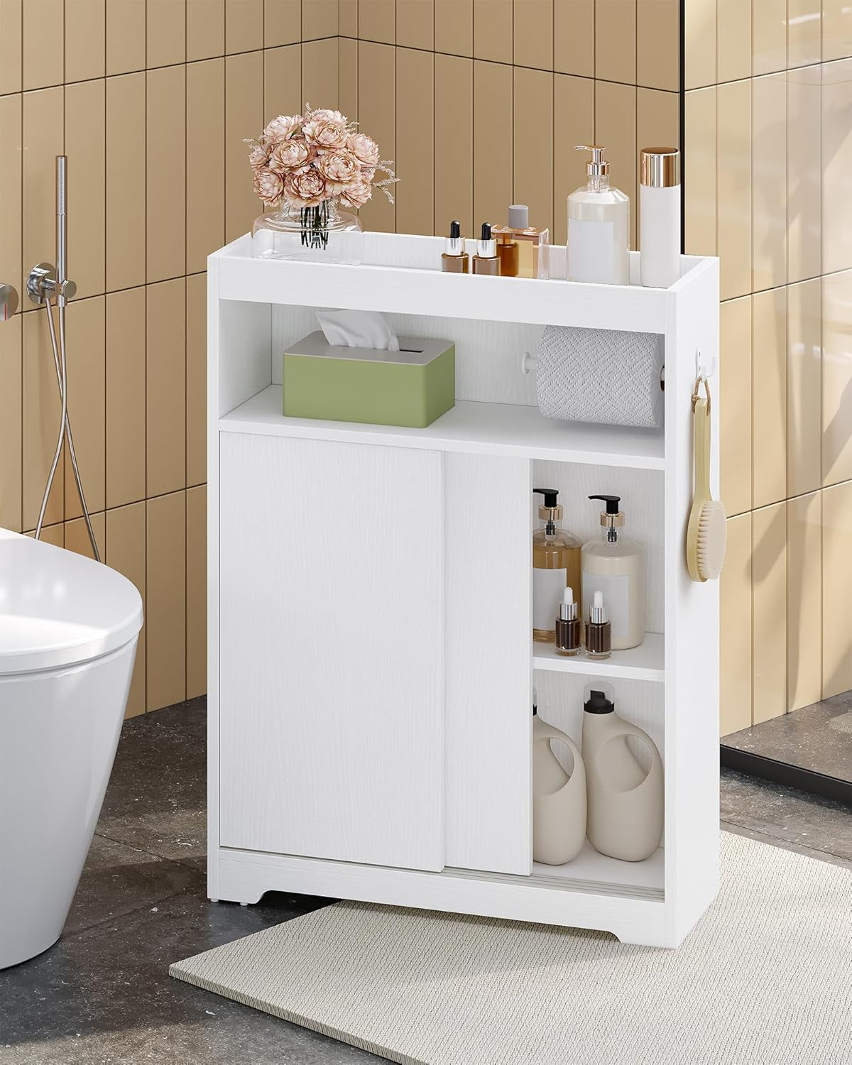Slim Bathroom Storage Cabinet, Toilet Paper Storage Cabinet with Sliding Doors, Small Cabinets with Toilet Paper Holder, Adjustable Shelf, Next to Toilet, for Small Spaces, White BC62813X