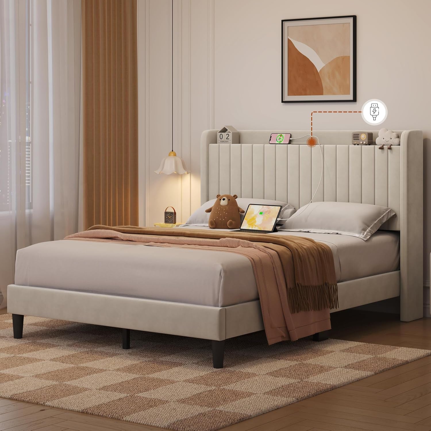 Queen Bed Frame with USB Charging Station and Storage Shelf/Upholstered Headboard Platform Bed with Wing Side/Wooden Slats Support/Noise Free/No Box Spring Needed/Easy Assembly, Beige