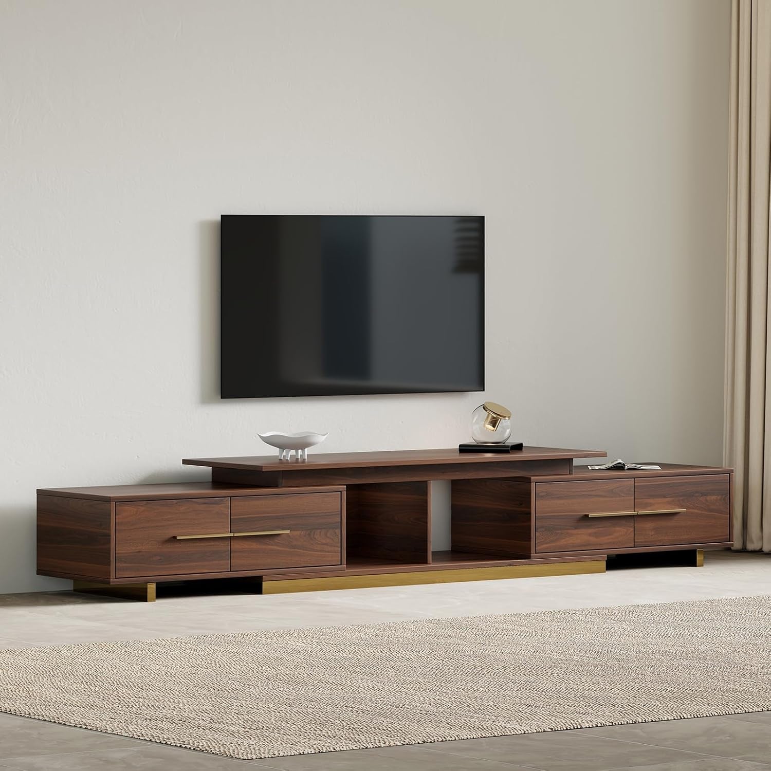 Extendable TV Stand, Modern TV Console for up to 100 Inch TV, Adjustable Length Entertainment Center, Mid-Century Media Console Cabinet for Living Room, Walnut (Extendable: 63.4”W-94.5”W)