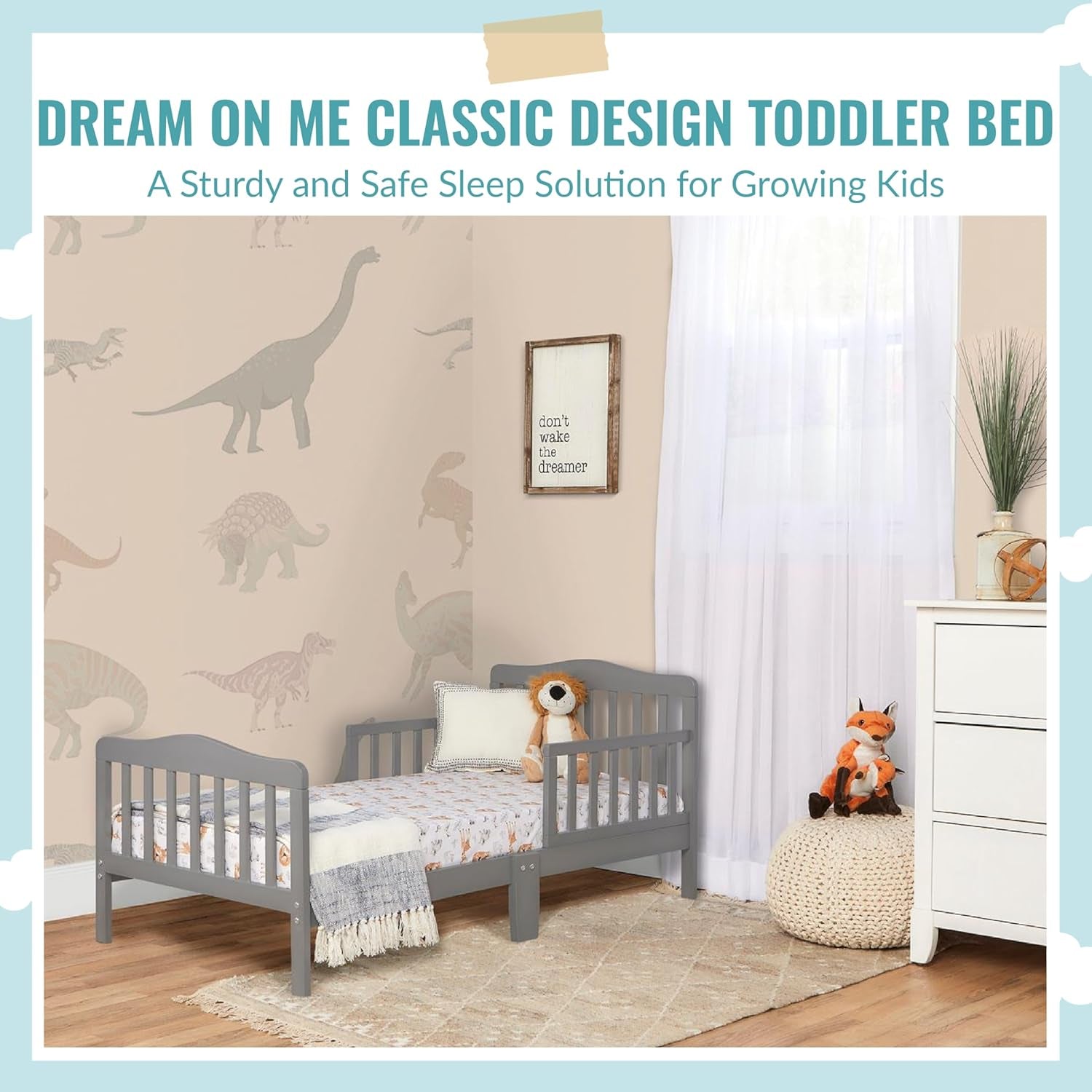 Classic Design Toddler Bed in Steel Grey, Greenguard Gold and BSA Certified, Low to Floor Design, Two Side Safety Rails, Non-Toxic Finishes, Wooden Nursery Furniture