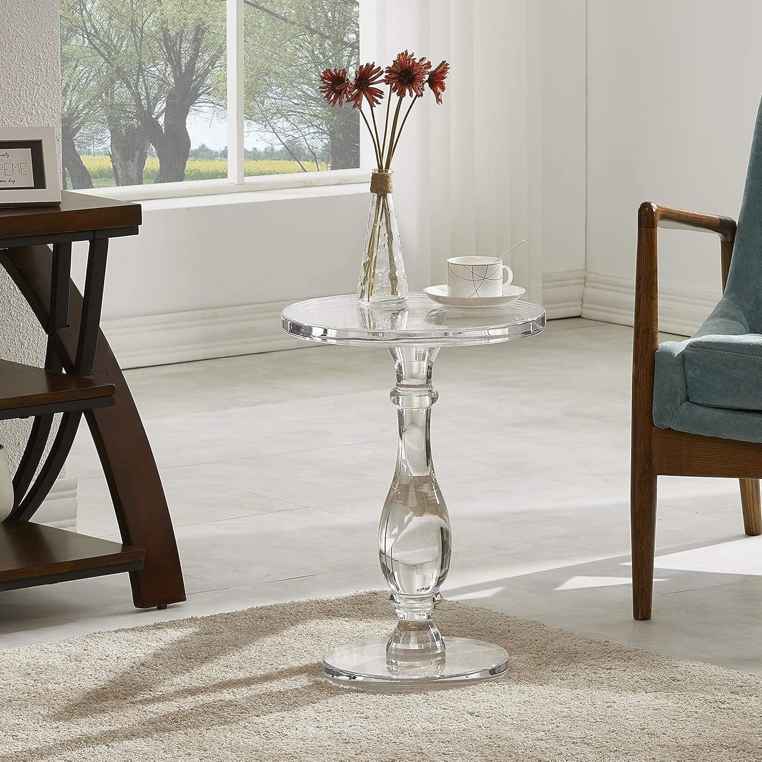 Acrylic End Table,Acrylic Side Table,Modern Nightstand with Clear Small round Top and Solid Post for Living Room,Bedroom and Lobby 13.5X13.5X19.5 High Inches