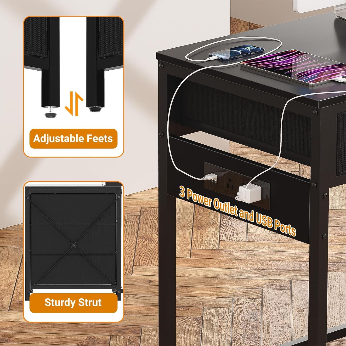 Reversible Computer Desk with 5 Drawers, Sturdy Office Desk with Power Outlets and USB Ports, Corner Writing Table with File Cabinet & Printer Stand, Vanity Desk with Storage, Black