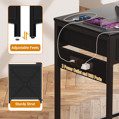 Reversible Computer Desk with 5 Drawers, Sturdy Office Desk with Power Outlets and USB Ports, Corner Writing Table with File Cabinet & Printer Stand, Vanity Desk with Storage, Black