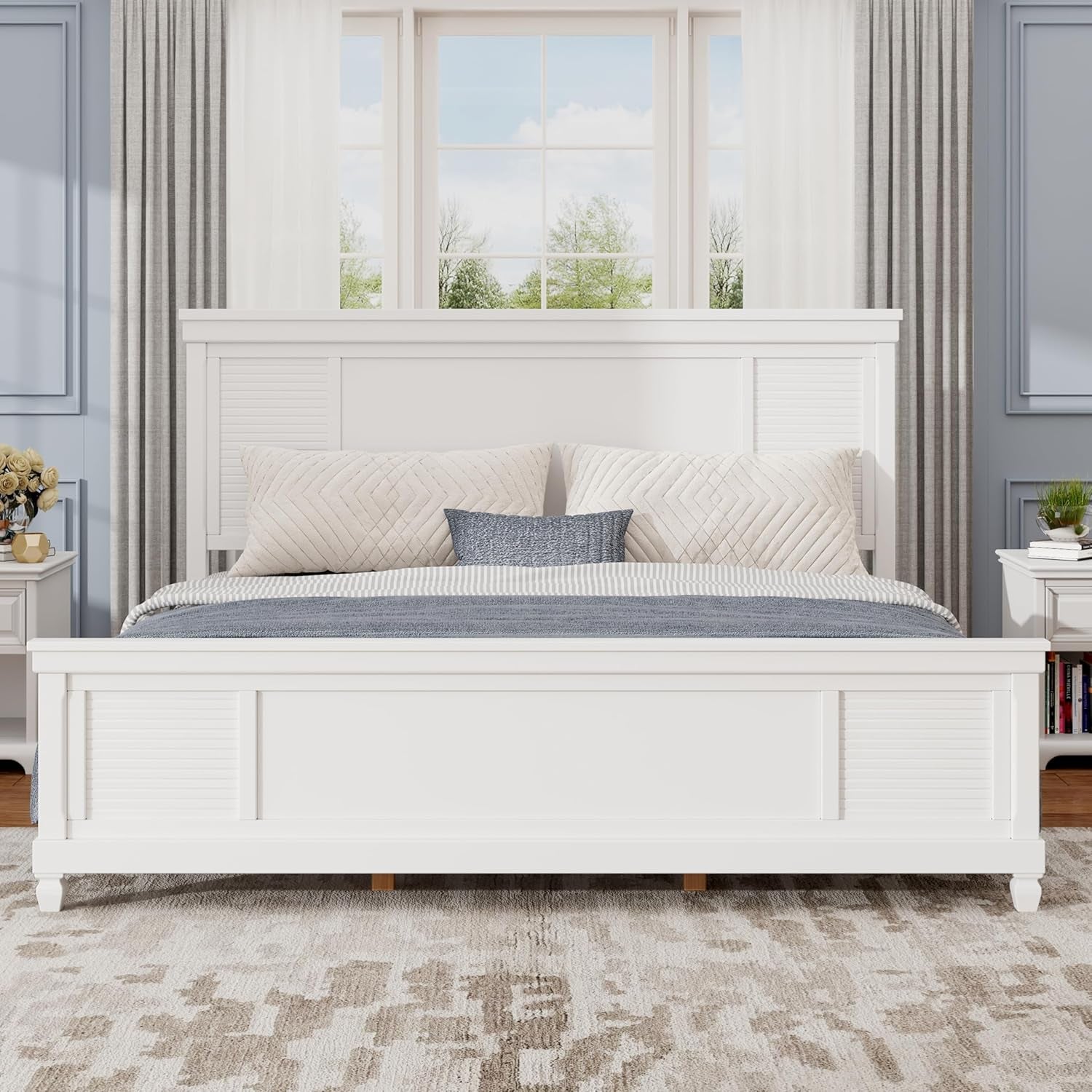 King Size Bed Frame and Wood Headboard, Farmhouse White Platform Bed Frame with Sturdy Wooden Support Slats, No Box Spring Needed, Holds up to 800 Pounds, Noise-Free, Easy Assembly