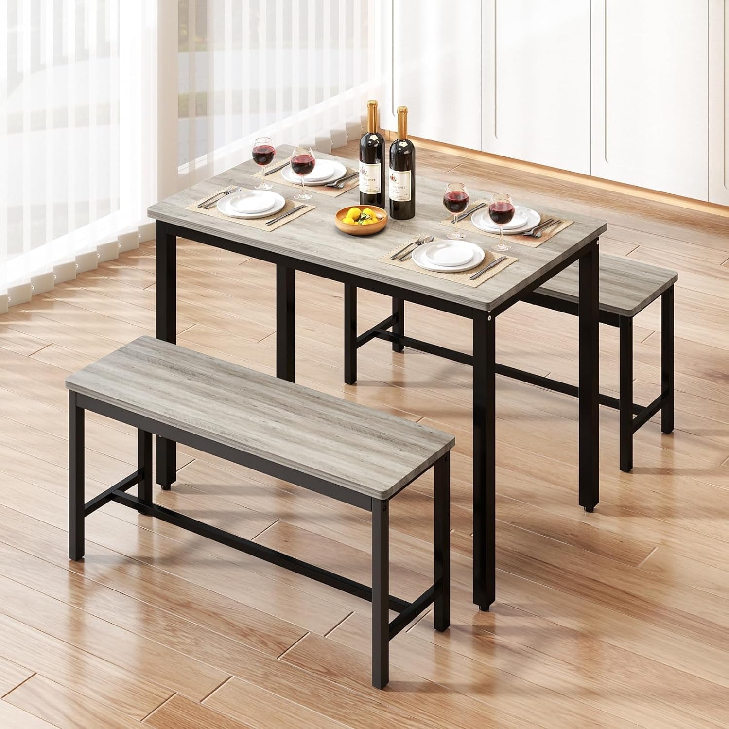 Dining Room Table Chairs Set for 4, Modern Space Saving Kitchen Table with 2 Benches & Adjustable Feet Breakfast Table, Farmhouse Wooden Industrial Style, 43", Grey
