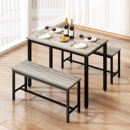 Dining Room Table Chairs Set for 4, Modern Space Saving Kitchen Table with 2 Benches & Adjustable Feet Breakfast Table, Farmhouse Wooden Industrial Style, 43", Grey