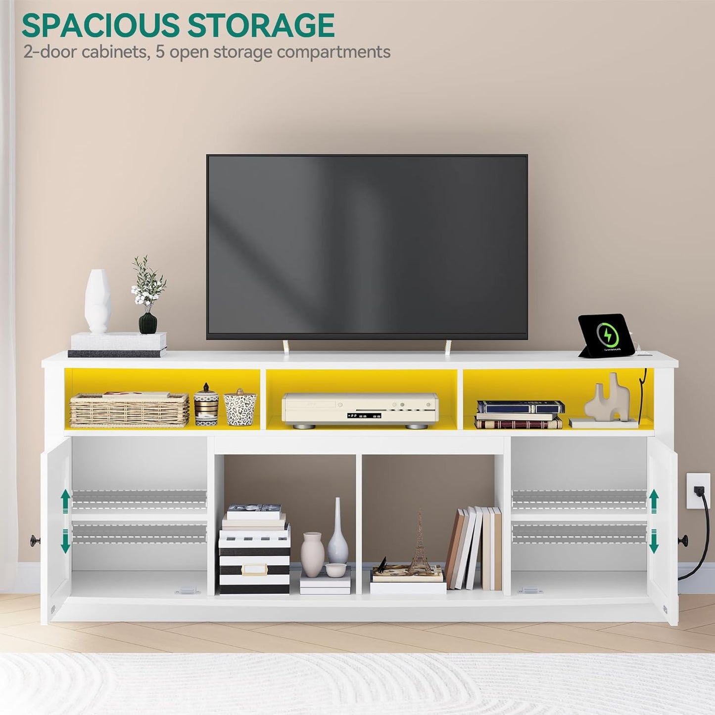 TV Stand for 75/80 Inch TV, White Entertainment Center 70 Inches Wide, Media Furniture TV Table with with Power Outlet, TV Consoles for Living Room, Curved Desktop