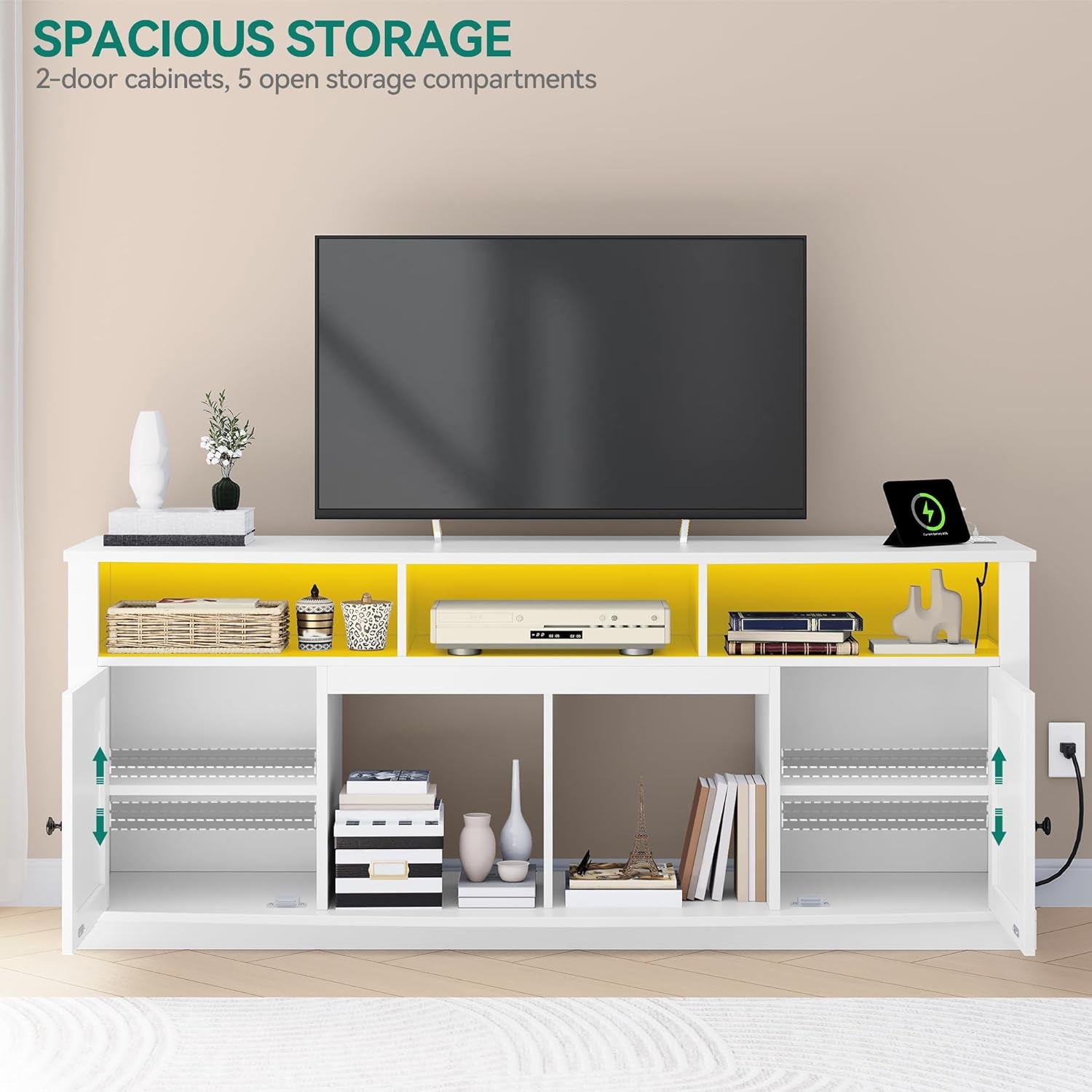 TV Stand for 75/80 Inch TV, White Entertainment Center 70 Inches Wide, Media Furniture TV Table with with Power Outlet, TV Consoles for Living Room, Curved Desktop