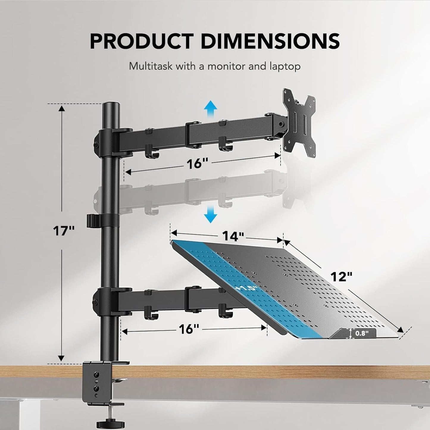 Adjustable Monitor Stand, Single Arm Desk Mount for 32 Inch Screen and 17 Inch Laptop, Heavy Duty Ergonomic Bracket Holds 22Lbs