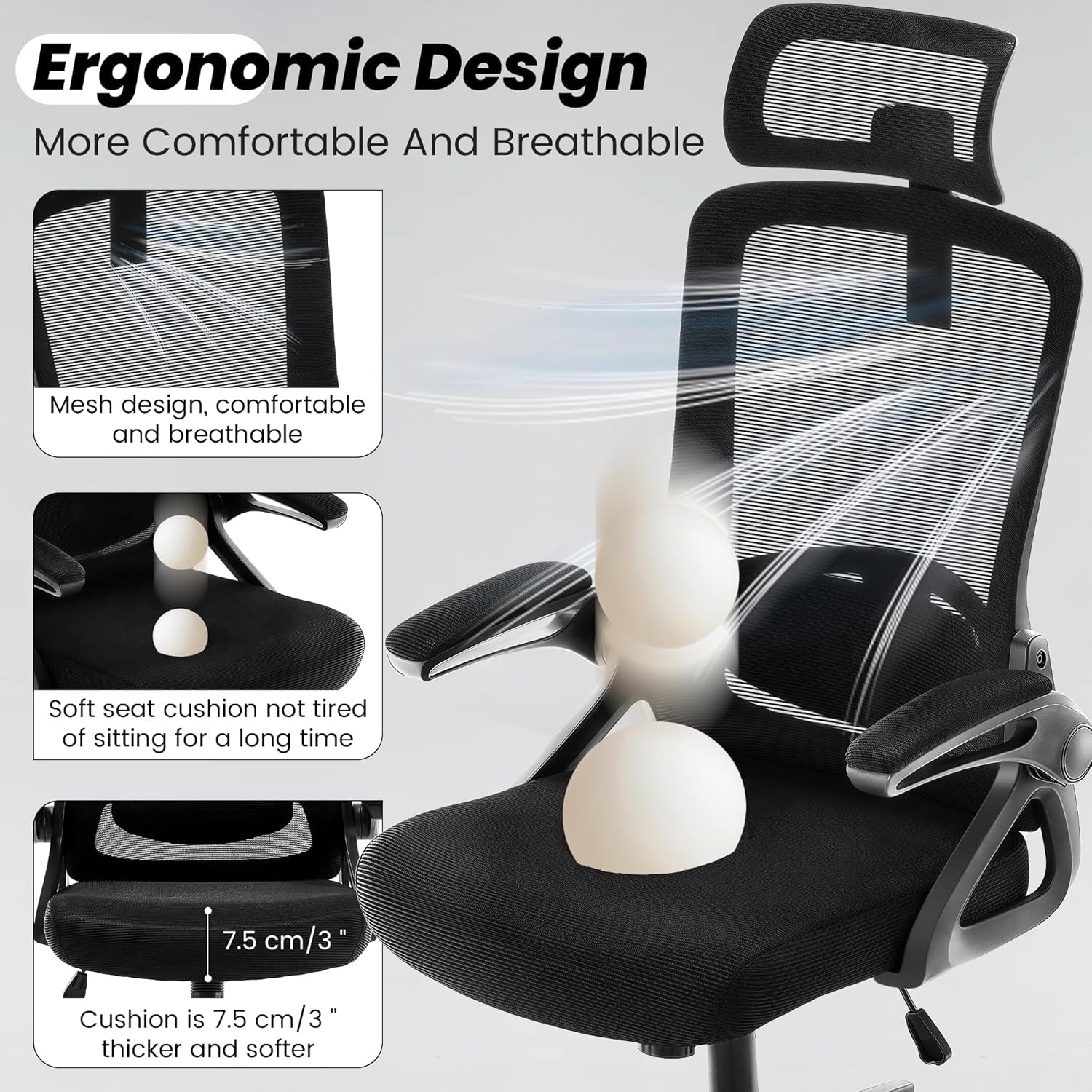 Ergonomic Office Chair, 400 LBS Computer Chairs with Adjustable Lumbar Support, Breathable Mesh Desk Chair Ergonomic with Thickened Cushion, Comfy Home Office Desk Chair (Black)