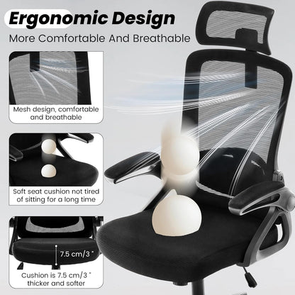 Ergonomic Office Chair, 400 LBS Computer Chairs with Adjustable Lumbar Support, Breathable Mesh Desk Chair Ergonomic with Thickened Cushion, Comfy Home Office Desk Chair (Black)
