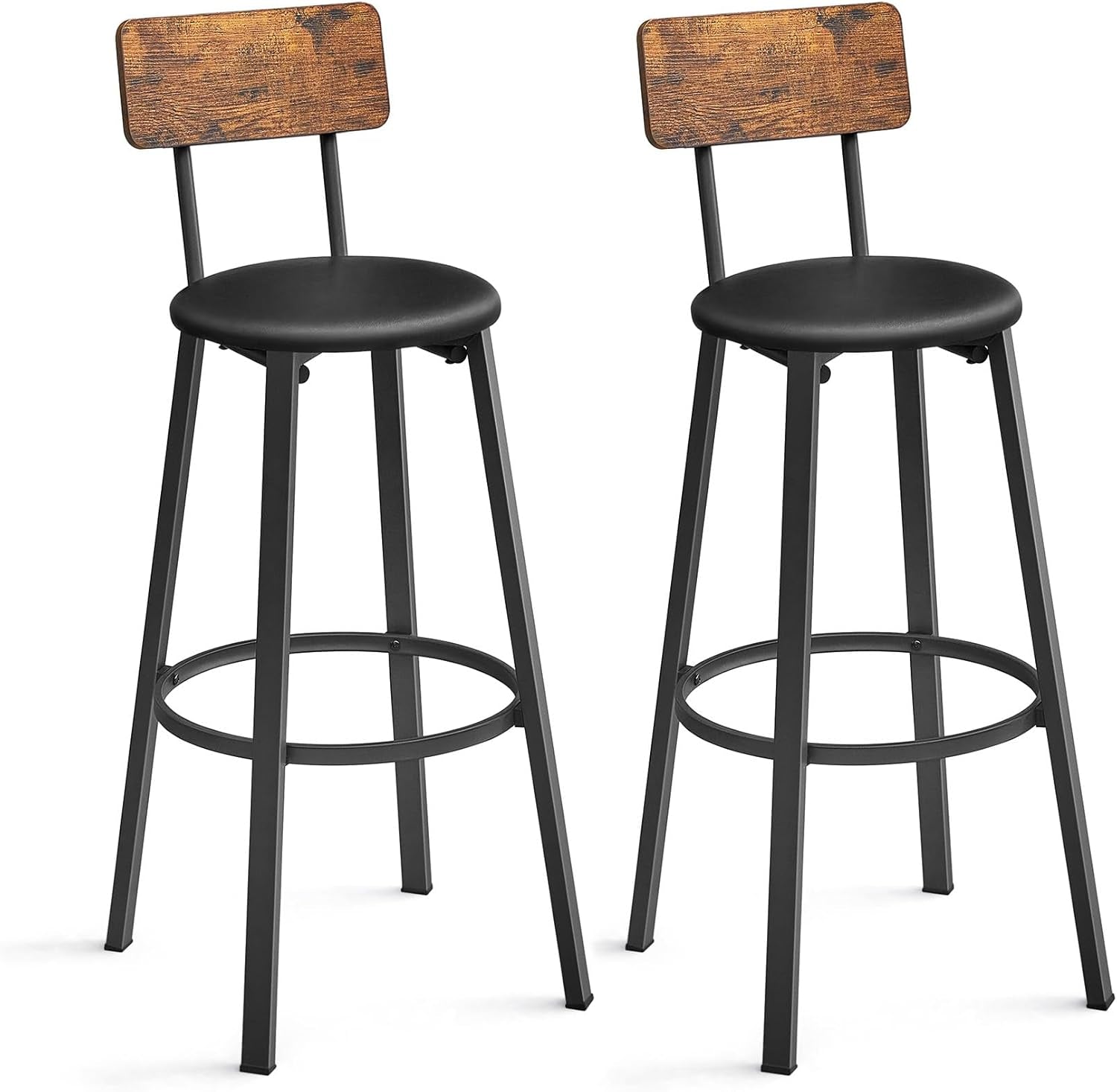 Bar Stools, Set of 2 PU Upholstered Breakfast Stools, 29.7 Inches Barstools with Back and Footrest, Simple Assembly, for Dining Room Kitchen Counter Bar, Rustic Brown and Black ULBC069B81