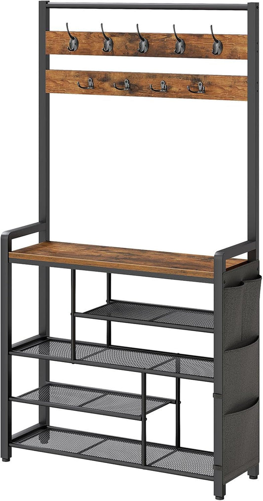 Hall Tree with Bench, Shoe Rack with Coat Rack, Coat Rack with Shoe Storage, 5 Tier Shoe Storage Organizer with Oxford Fabric Side Pockets, Coat and Shoe Rack Entryway, Rustic Brown BF45MT01