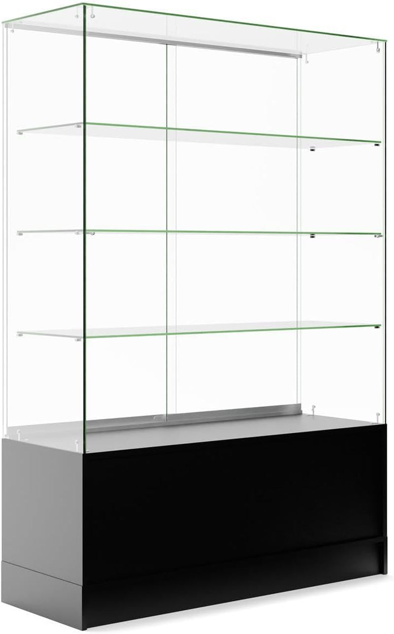 48 Inch Glass Display Cabinet with 3 Glass Shelves, Separate Storage Area in Base, Sliding Doors (Black)