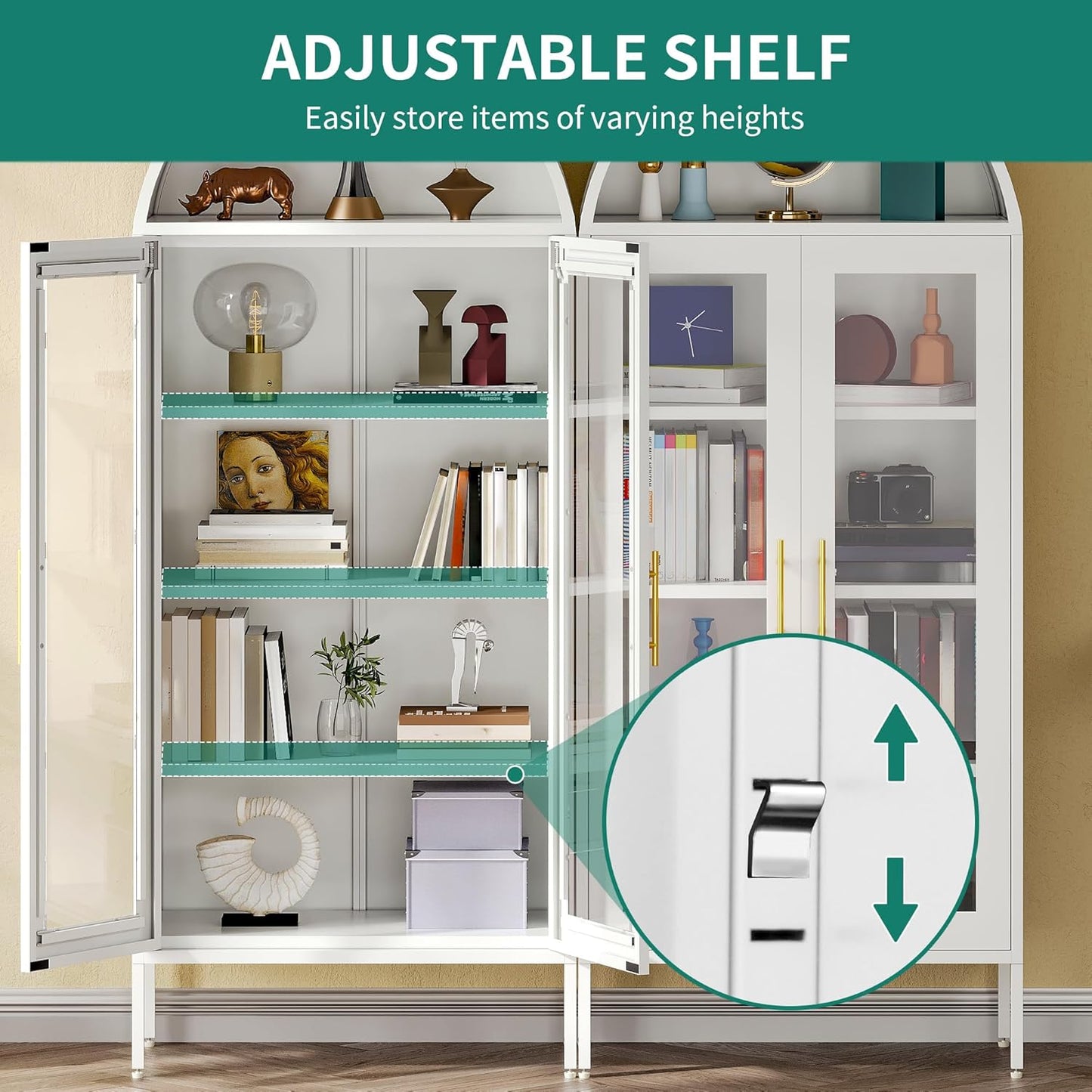 71" Arched Glass Display Cabinet, Tall Metal Storage Cabinet with Adjustable Shelves and Glass Doors, White