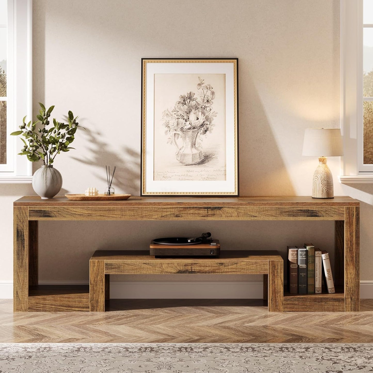 63-Inch TV Stand for 55/60/65/75-Inch Tvs, Farmhouse Entertainment Center with Open Storage Shelves, Rustic Brown Television Console for Living Room, Bedroom