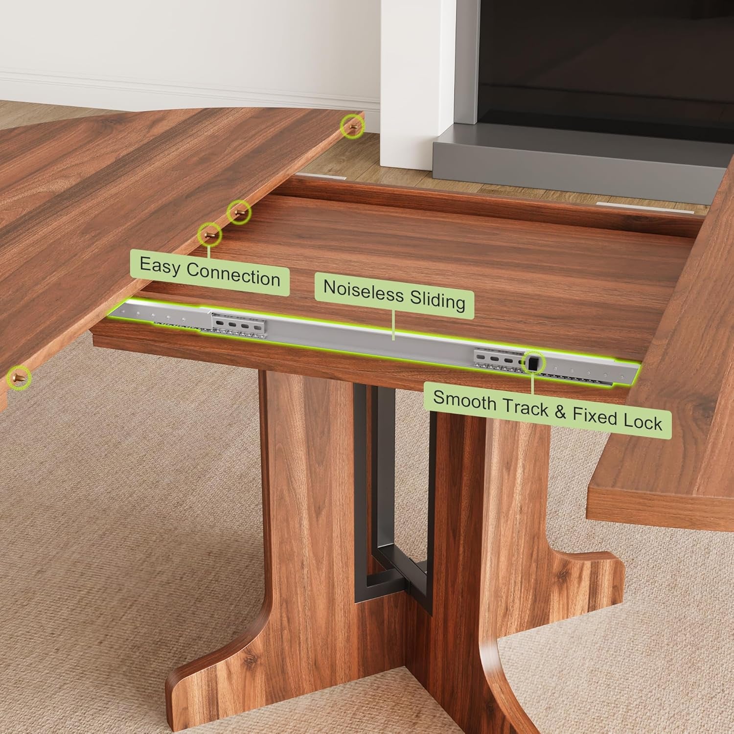 59" round Extendable Dining Room Table for 4-6, Modern Oval Kitchen Table with Heavy Duty Wood Base, Metal Frame Support, for Kitchen Dining Living Room, Easy Assembly, Walnut
