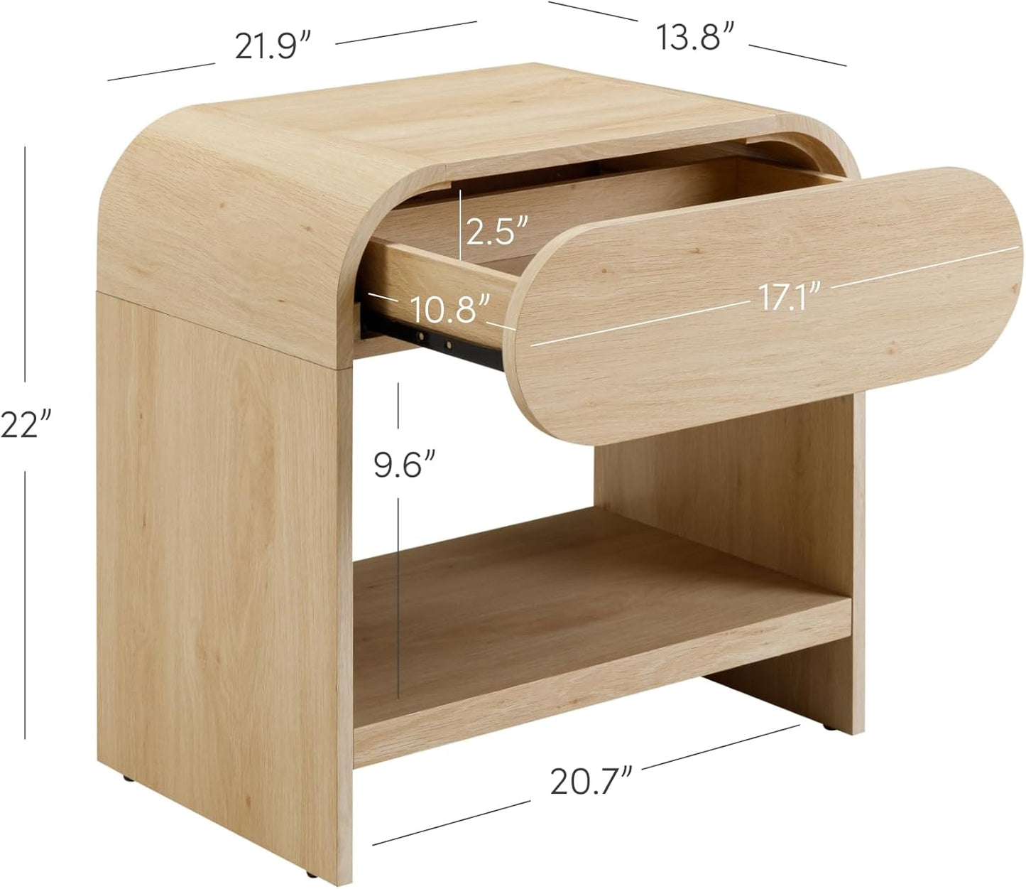 Iris Mid-Century Modern Nightstand with Drawer, End Table with Storage for Bedroom or Living Room with Rounded Silhouette, Light Oak Set of 2
