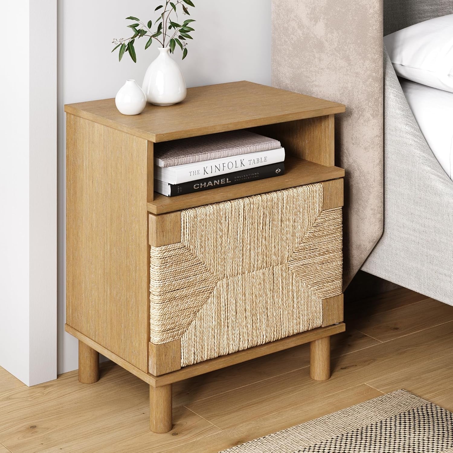 Beacon Wood Nightstand, Bohemian Accent Table or Sofa Side Table with Seagrass Door for Bedroom or Living Room, Light Brown