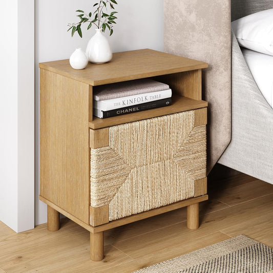 Beacon Wood Nightstand, Bohemian Accent Table or Sofa Side Table with Seagrass Door for Bedroom or Living Room, Light Brown