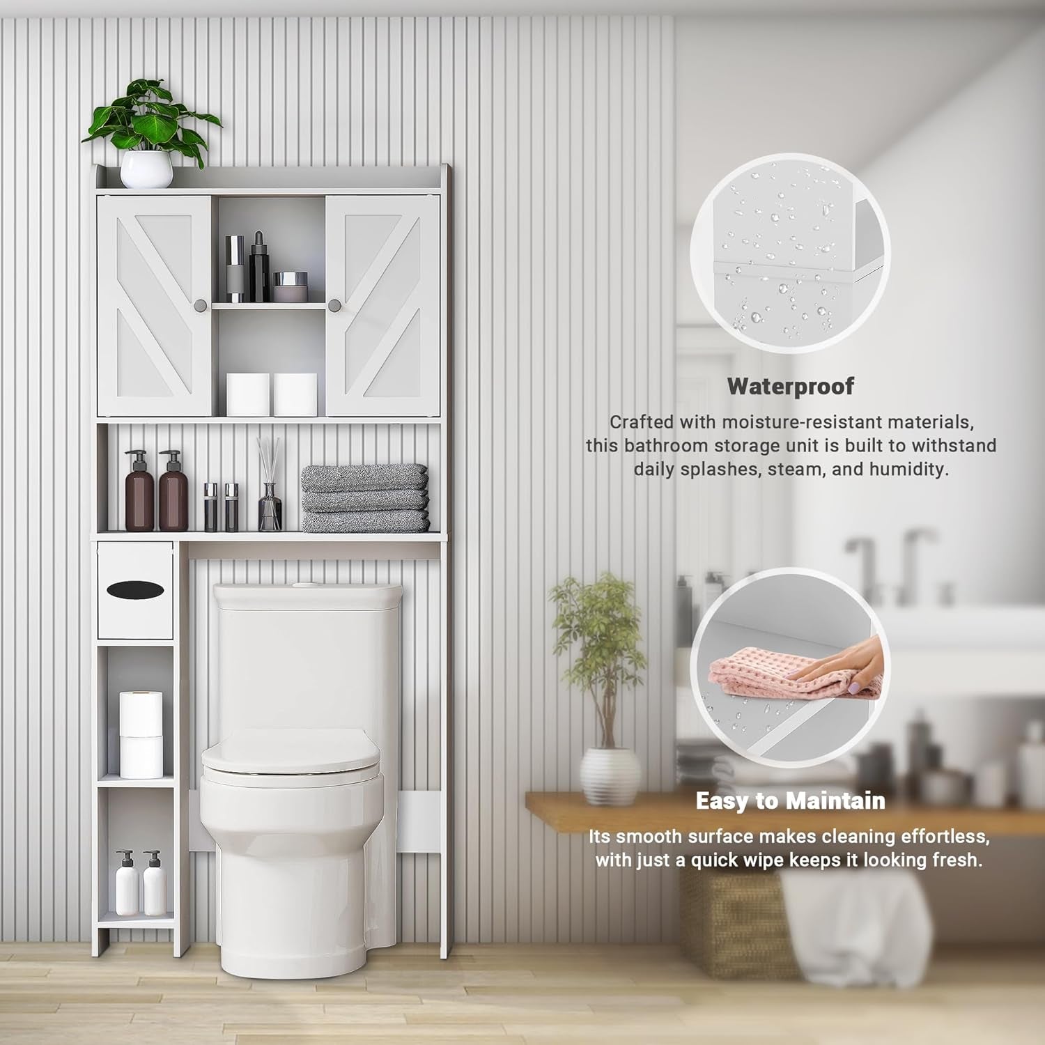 Over the Toilet Storage Cabinet: Farmhouse Storage Cabinet over Toilet with 2 Barn Door & Toilet Paper Holder Stand, Home Space-Saving Toilet Rack, for Bathroom, Restroom, Laundry
