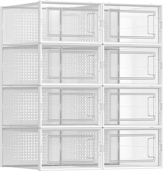 - Shoe Boxes - Pack of 8 Foldable and Stackable Shoe Bins/Organizers, up to Size 44, Clear and White, LSP08SWT