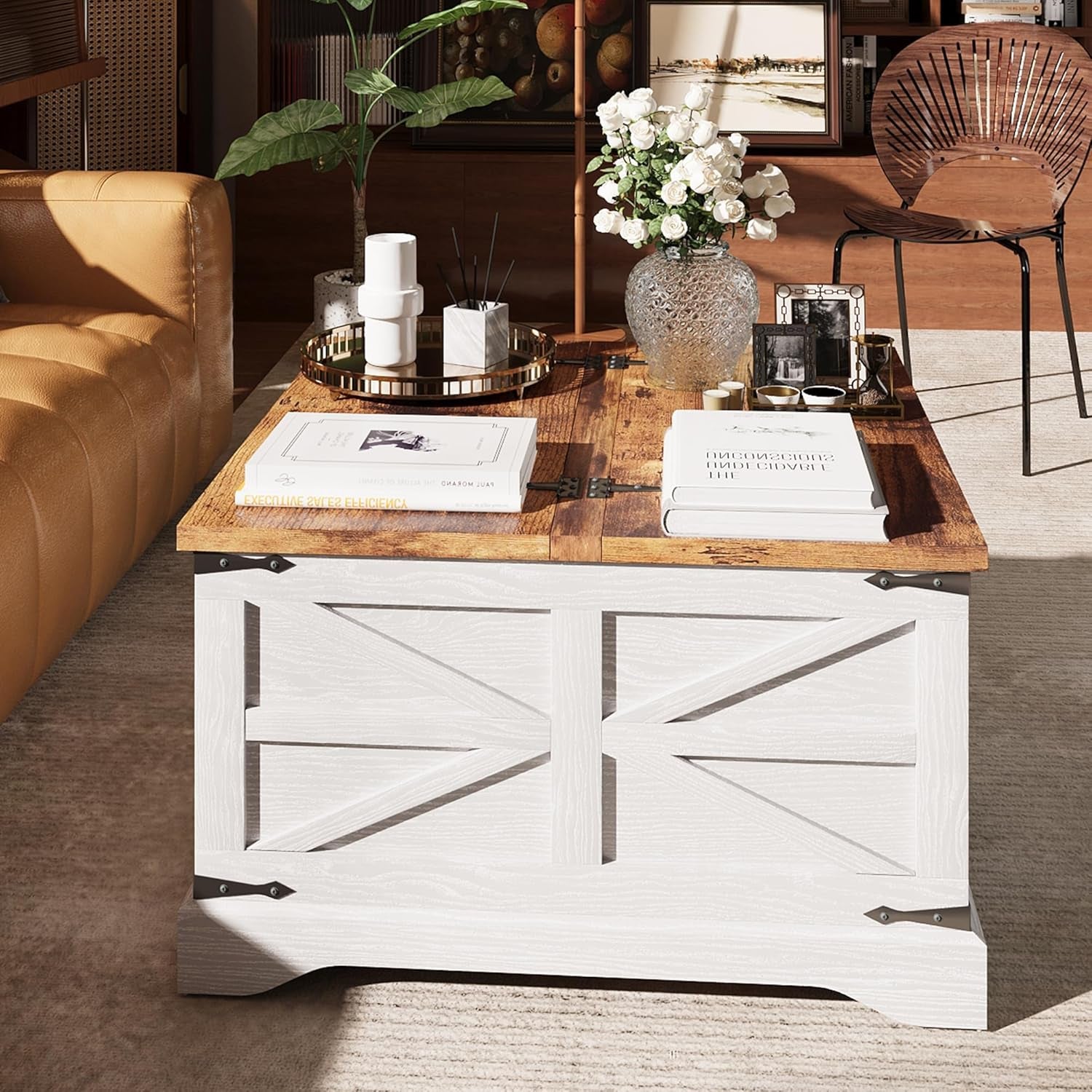 Farmhouse Coffee Table with Storage, Square Coffee Tables for Living Room, Rustic Wood Center Table with Hinged Lifting Tabletop for Home, White
