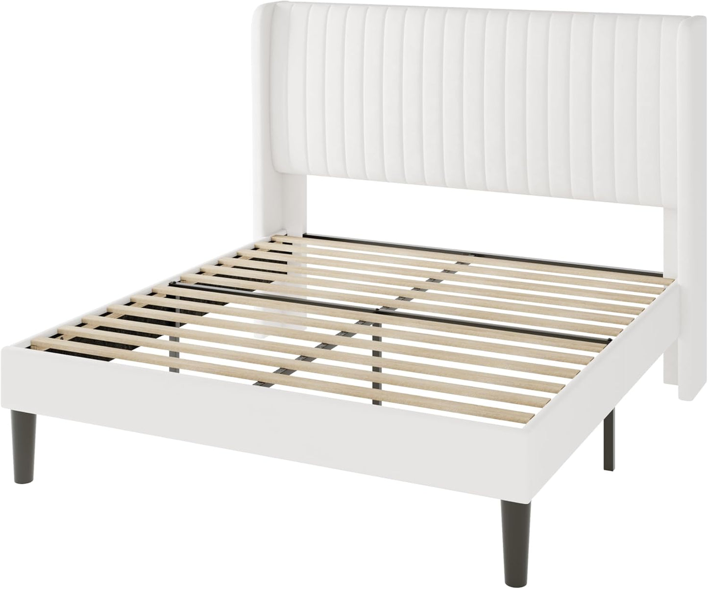 Full Size Velvet Bed Frame/Vertical Channel Tufted Wingback Headboard/Upholstered Platform Bed/Strong Wooden Slats/No Box Spring Needed/Easy Assembly/White